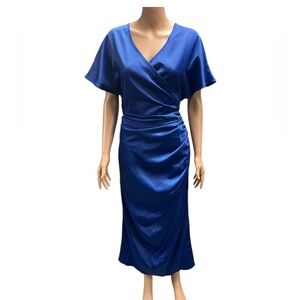 OSHOPLIVE - NWT - Satin Wrap-Style Cobalt Blue Midi Dress